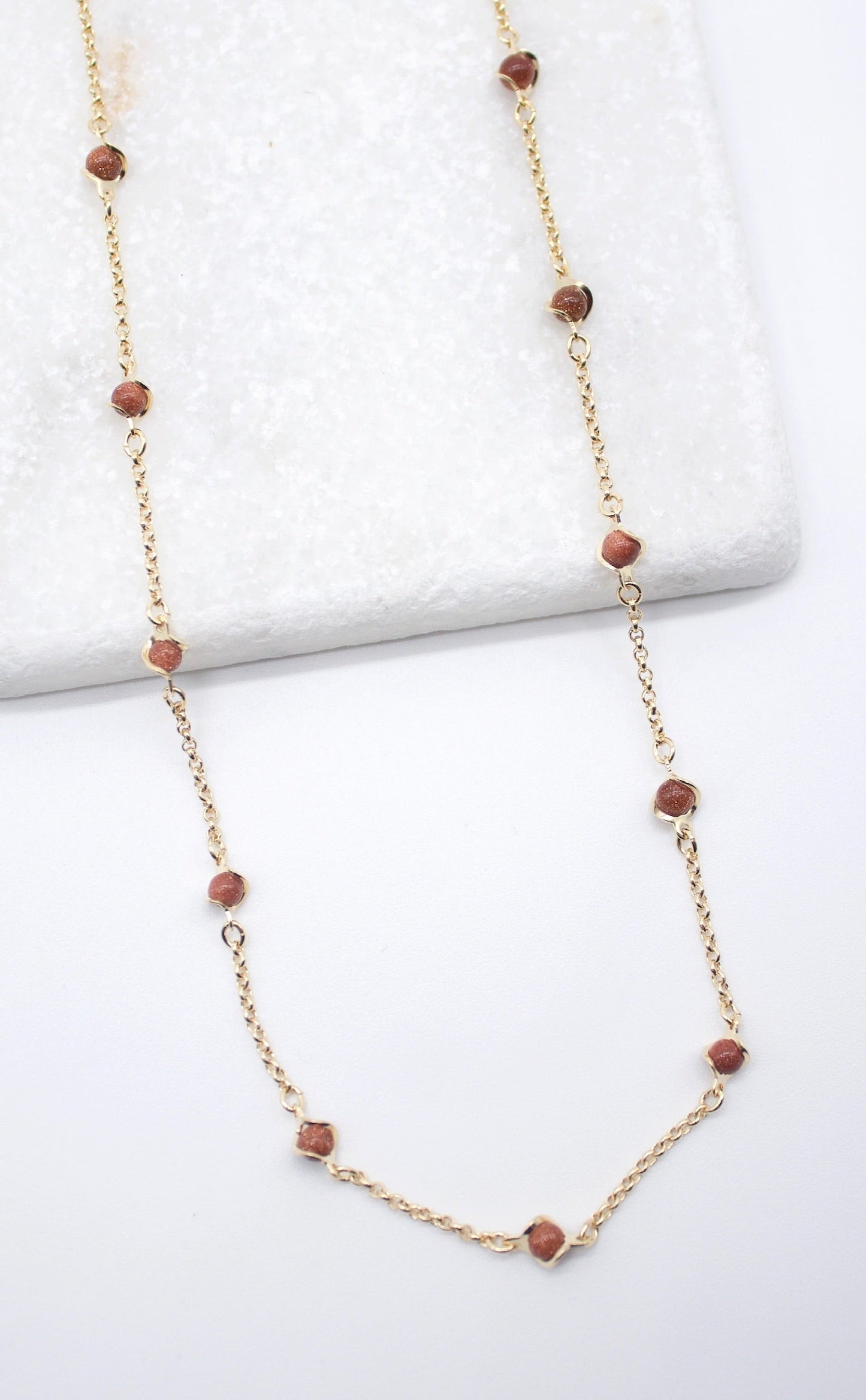 18K Gold Filled 5mm Designed Brown aventurine Bead Necklace (F221) - Fashivra