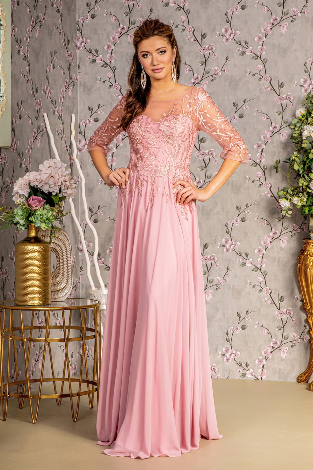 Bead Embroidery Sheer Neckline V-back Chiffon A-line Long Dress - Fashivra