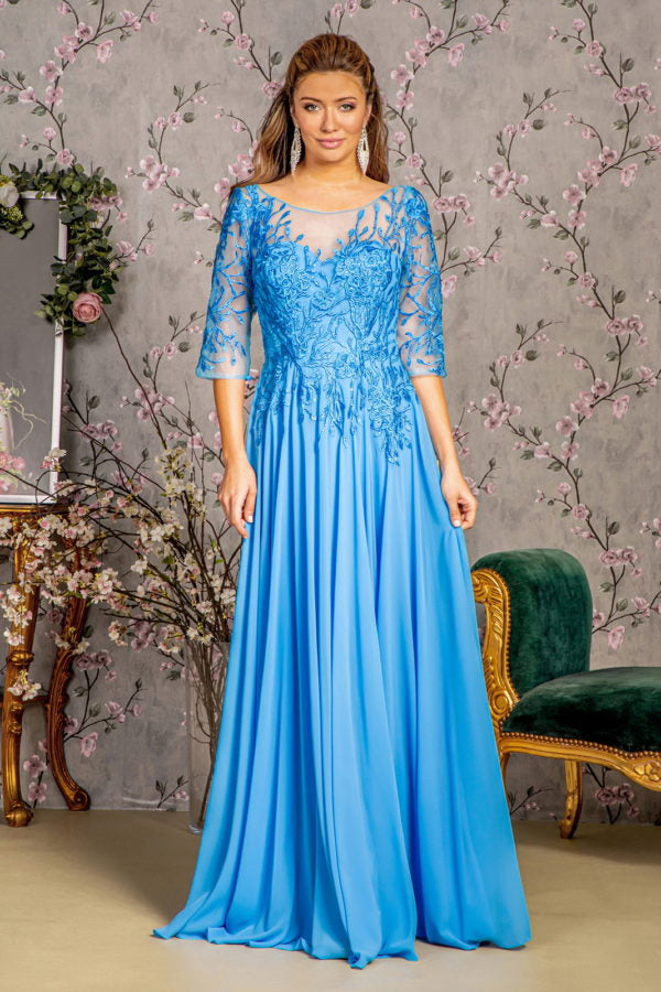 Bead Embroidery Sheer Neckline V-back Chiffon A-line Long Dress - Fashivra