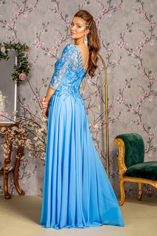 Bead Embroidery Sheer Neckline V-back Chiffon A-line Long Dress - Fashivra