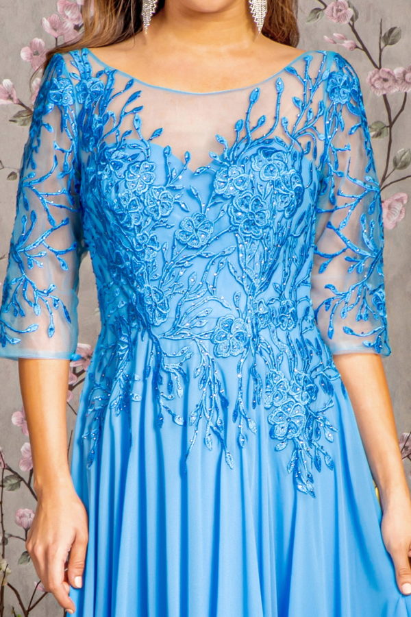 Bead Embroidery Sheer Neckline V-back Chiffon A-line Long Dress - Fashivra